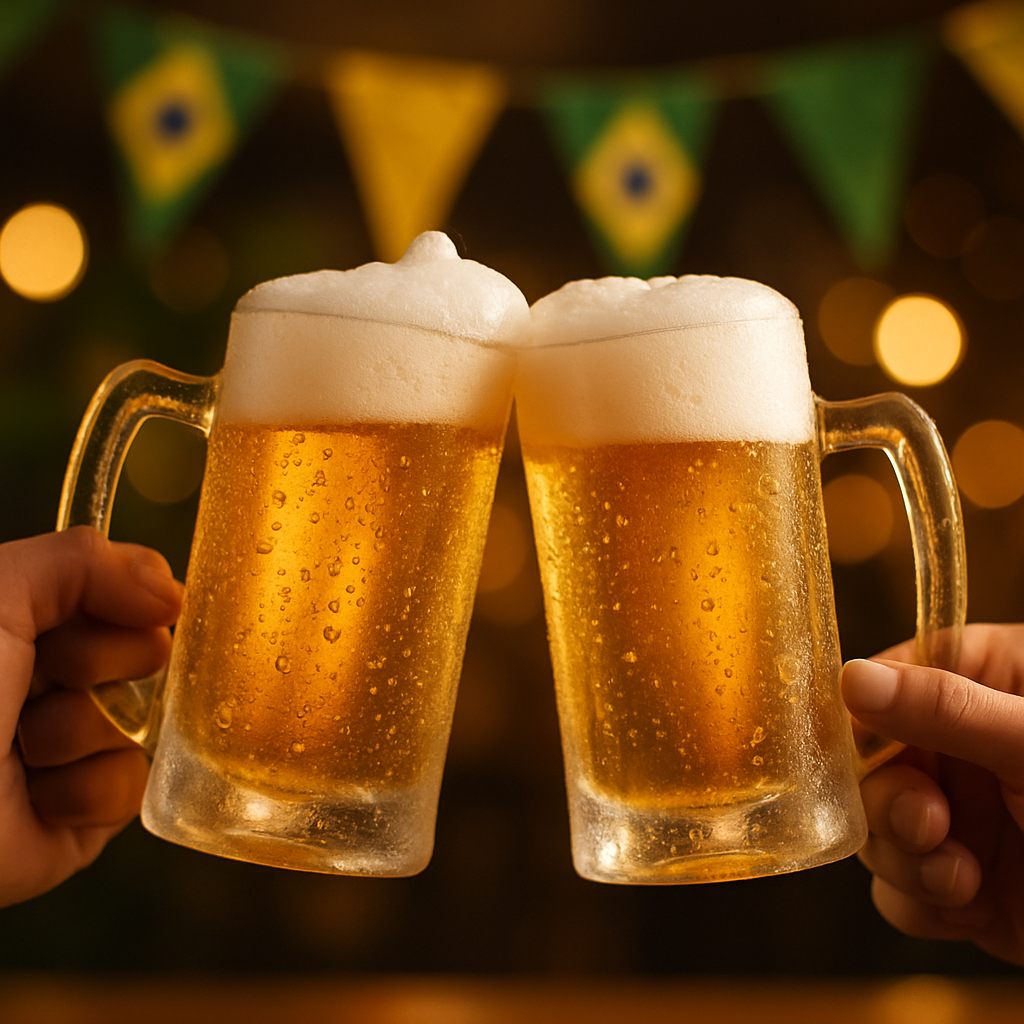 Dois copos de chopp gelado brindando, com bandeirinhas verde-amarelas desfocadas ao fundo