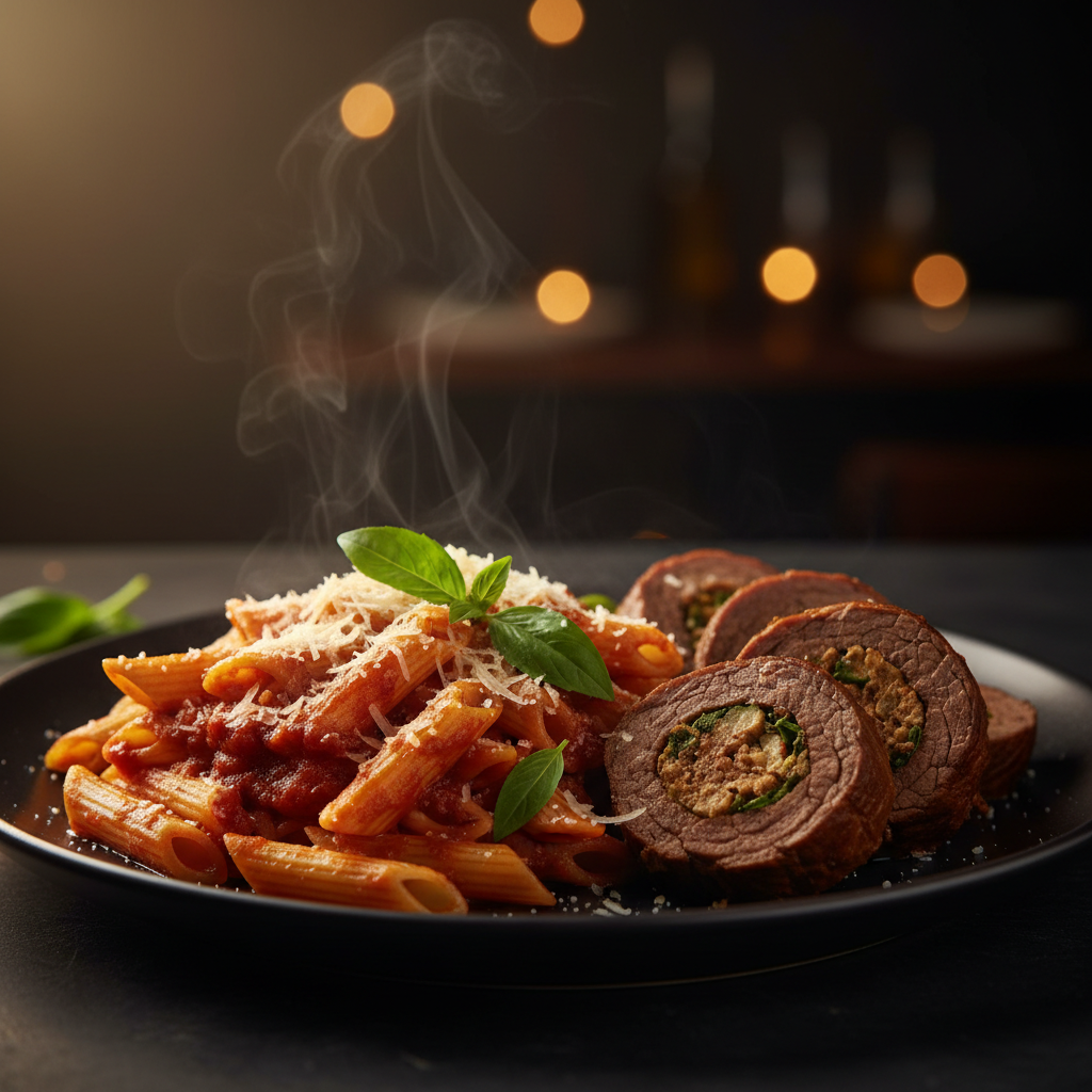 Penne ao sugo com brachola recheada - prato do dia quinta-feira no Esquina do Boteco, Zona Norte SP